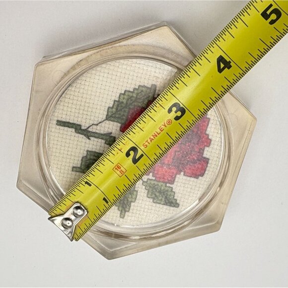 Vintage Acrylic Coasters Red Rose Cross Stitch Set of 2 Handmade Floral Decor - Picture 3 of 8